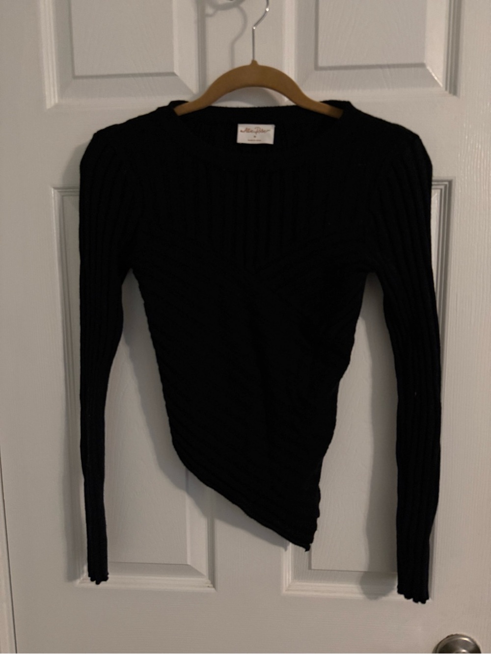 Women's Black Ribbed Asymmetric Crewneck Sweater